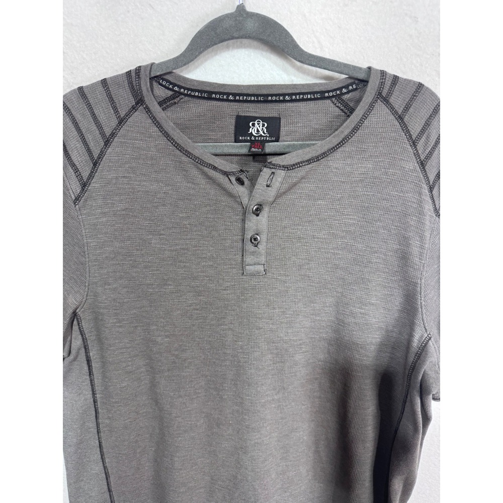 Rock & Republic XL Tall Gray Henley Shirt Men's Short Sleeve Waffle Knit Moto - Picture 4 of 6